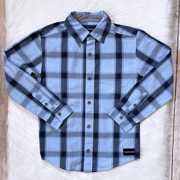 Calvin Klein Jeans Boys’ Blue Plaid Button Down Shirt - Picture 1 of 5